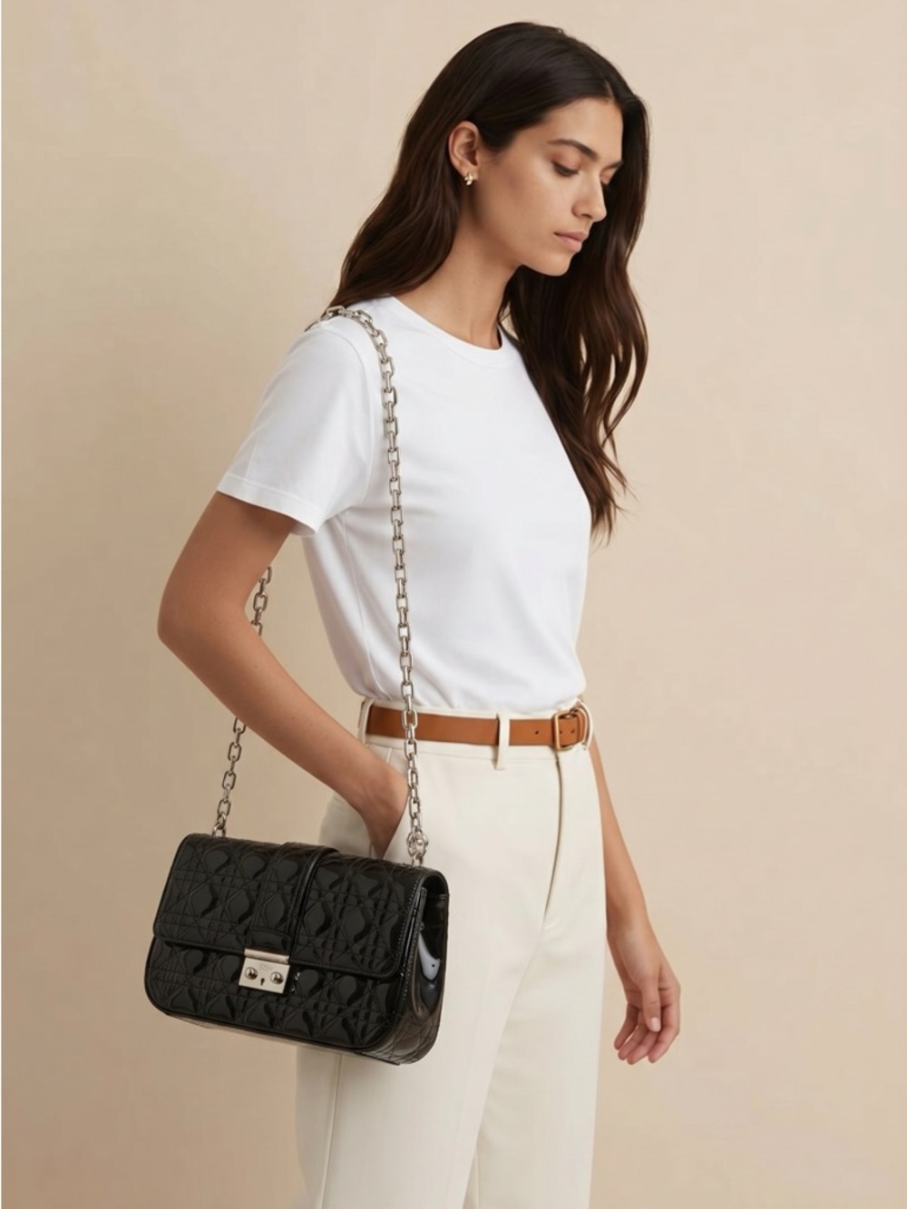 Black Quilted Patent Leather  and Silver Chain Shoulder Bag - Women